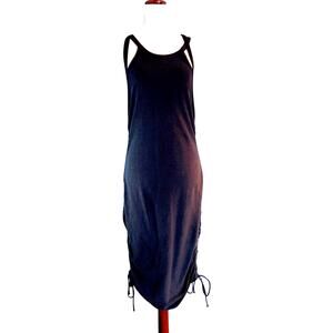 Daily Practice Sleeveless Knit Dress Ruched Drawstring Sides Cotton Blend M BLK